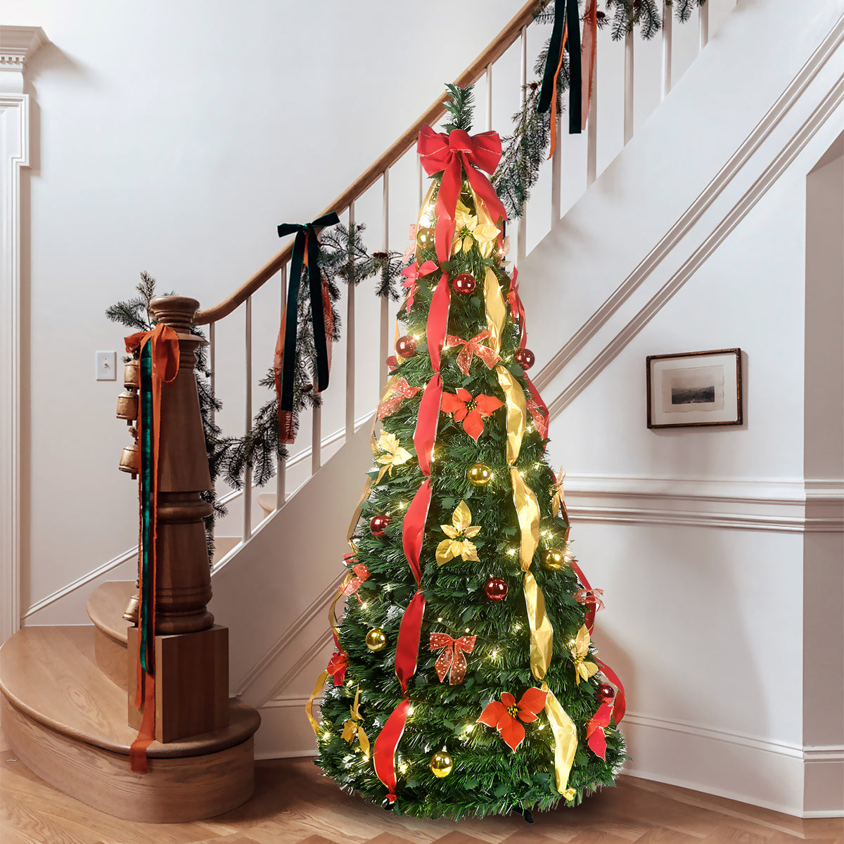 6Ft Prelit Pop Up Christmas Tree Decoration, Collapsible Artificial Xmas Tree with 150 Warm Lights for Holiday, Party Decoration