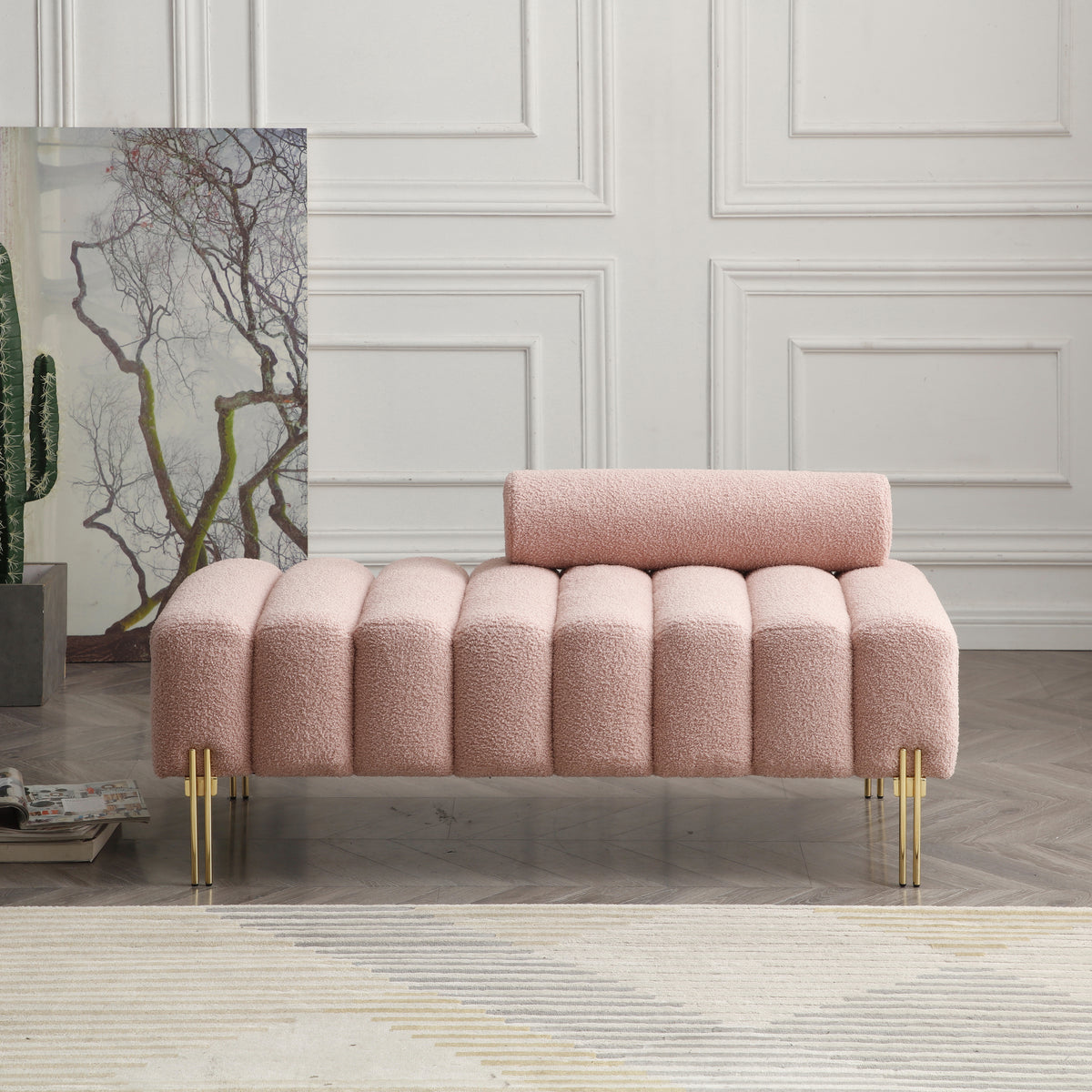 53.2' Width Modern End of Bed Bench Sherpa Fabric Upholstered 2 Seater Sofa Couch Entryway Ottoman Bench Fuzzy Sofa Stool Footrest Window Bench with Gold Metal Legs for Bedroom Living Room,Rose