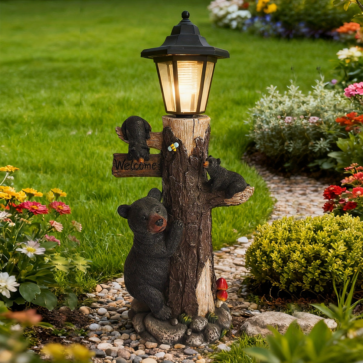 Black bear statue welcome sign garden statue with solar light, 19-inch resin bear family on tree, outdoor bear decoration for courtyard, garden, lawn, yard, perfect gift for Thanksgiving, Christmas, M