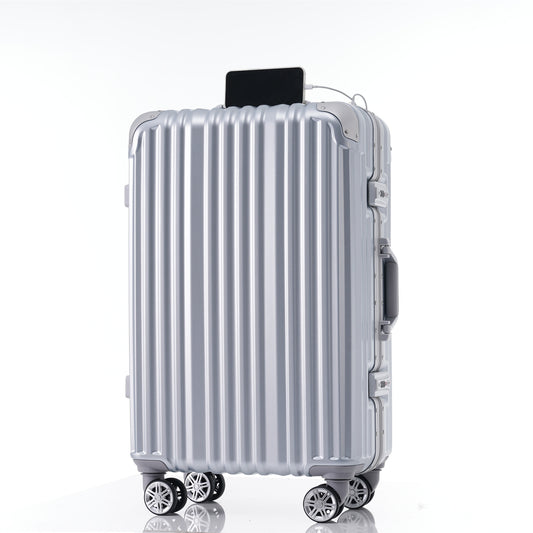 1pc 24in Aluminum Frame Luggage with USB port, Vacation Carry-On Suitcase with Spinner Wheels and TSA Lock, Travel Trolley Case For Short Business Trips, Beach Holidays, gray silver