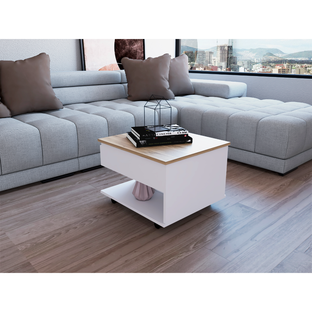 Lift Top Coffee Table, Casters, One Shelf, White / Light Oak