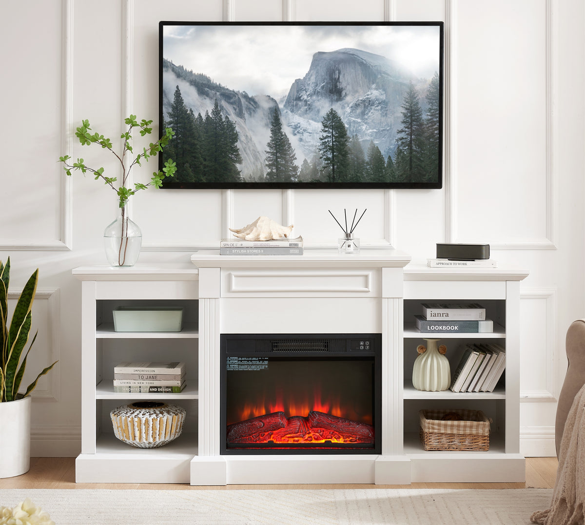 Media Console Table with Large Storage Cabinet, with 23' Fireplace Insert, for TV Up to 70'', Modern TV Media Entertaionment Stand, White, 65.75'W*17'D*32.48'H