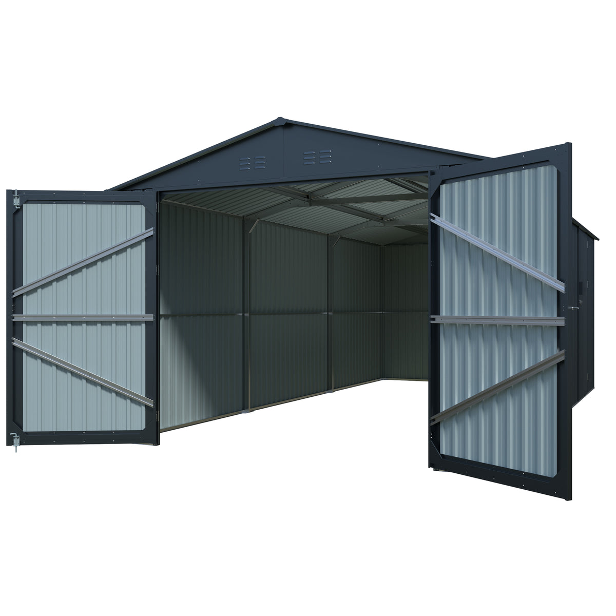 Black Metal Outdoor Storage Shed 20x10 FT with Dual Doors and Vents for Garden and Utility Use