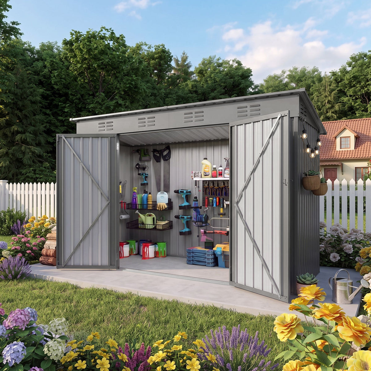 4 x 9 FT Outdoor Storage Shed, Metal Garden Shed Storage Tool House with Sloping Roof, 6 vents and 2 Swing Doors for Backyard,Garden,Patio, Garage, Lawn