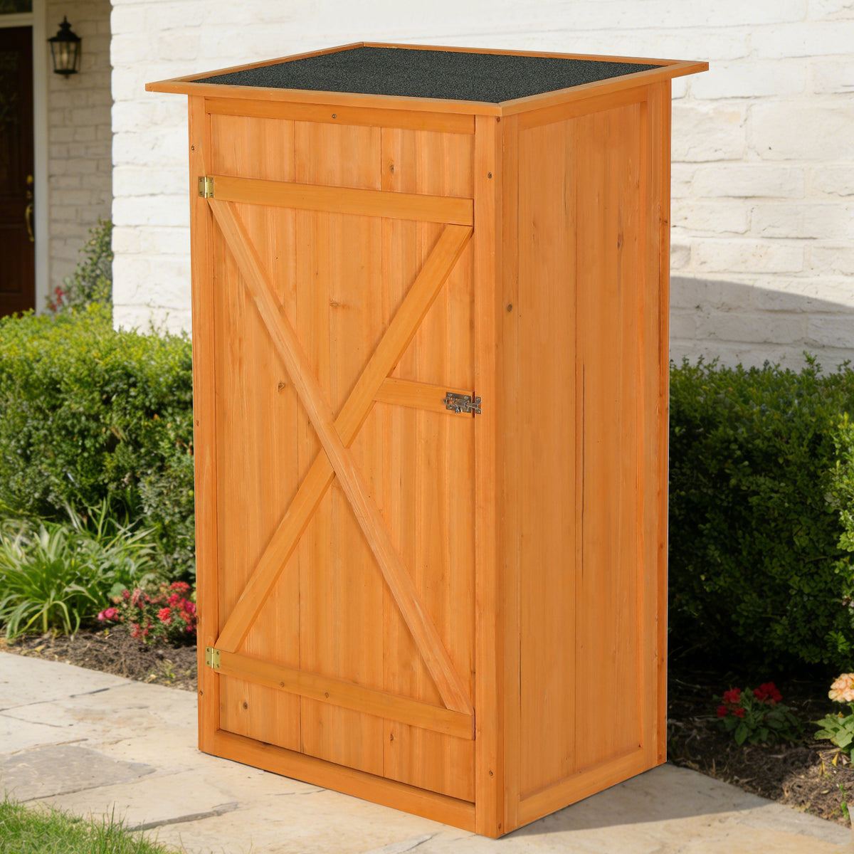 Outdoor storage shed - A wooden tool shed with a flat roof and waterproof garden storage cabinet, featuring a lockable door, suitable for terrace furniture, backyard, lawn, grassland, and farmland.