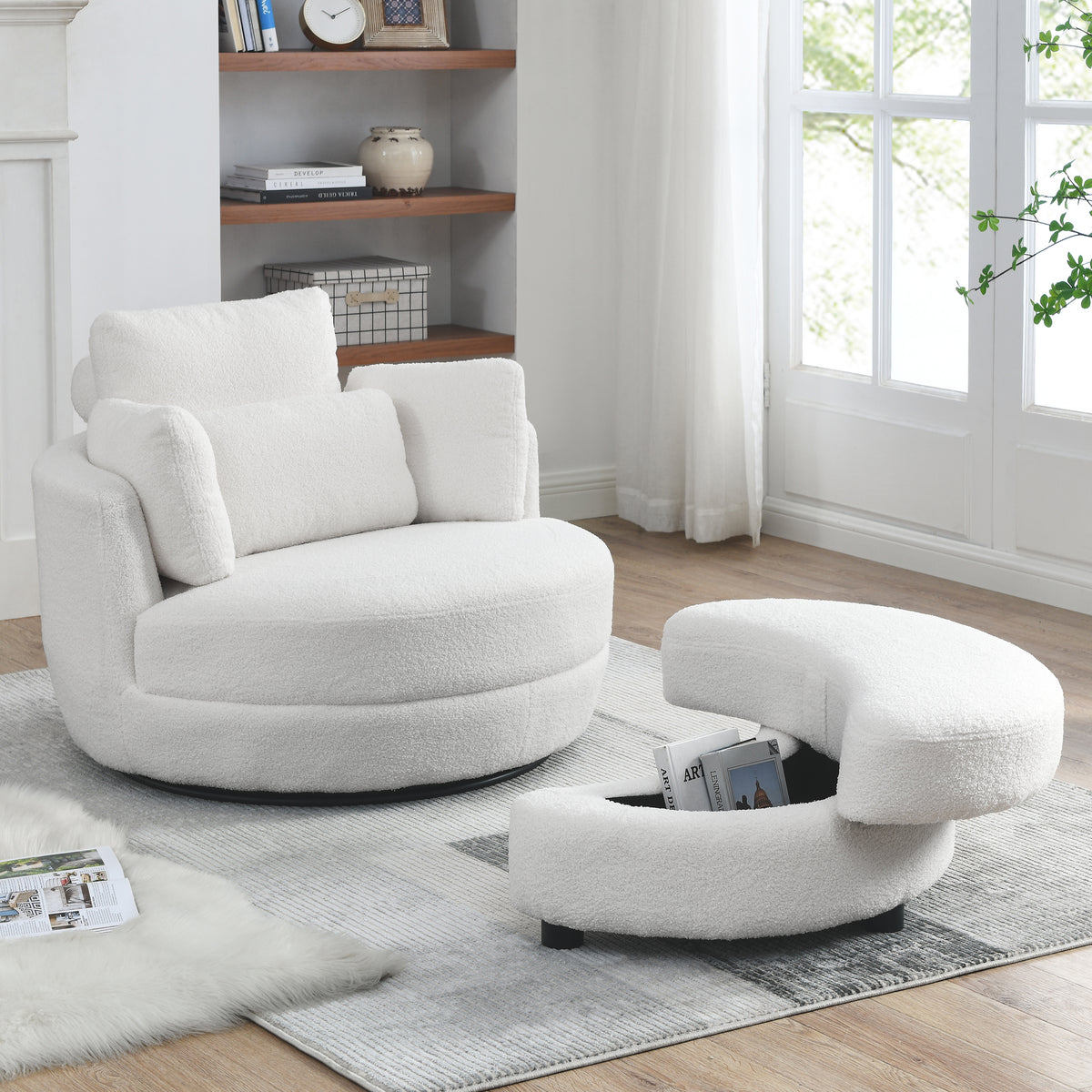 39'W Oversized Swivel Chair with moon storage ottoman for Living Room, Modern Accent Round Loveseat Circle Swivel Barrel Chairs for Bedroom Cuddle Sofa Chair Lounger Armchair, 4 Pillows, Teddy Fabric