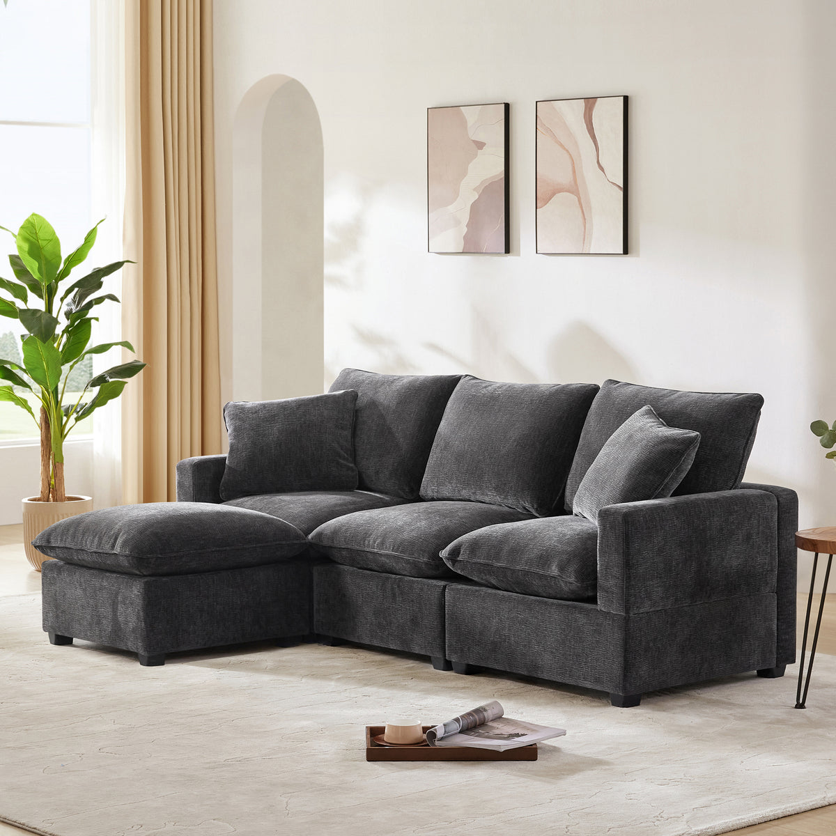 86*57' Modern Modular Sofa, 4 Seat Chenille Sectional Couch Set with 2 Pillows Included, Freely Combinable Indoor Funiture for Living Room, Apartment, Office, 2 Colors