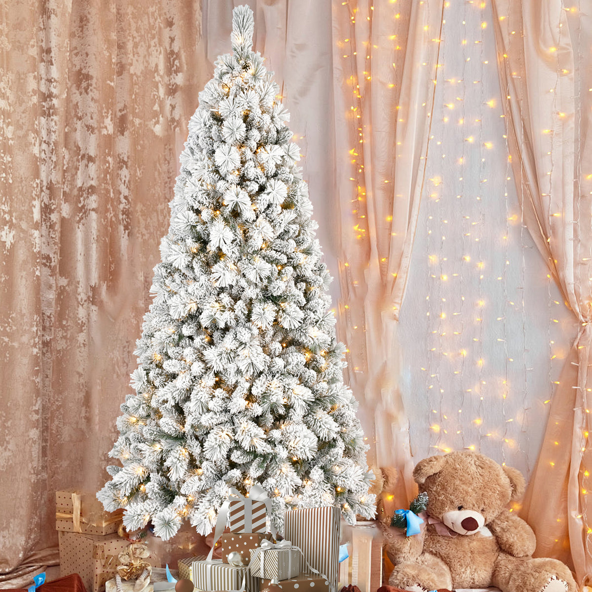 8FT Flocked Christmas Tree with 600 Warm White LED Lights – 1445 Tips, Snowy PVC & Hard Needle Branches, Hinged Design for Easy Setup, Sturdy Metal Stand – Full & Realistic Holiday Tree