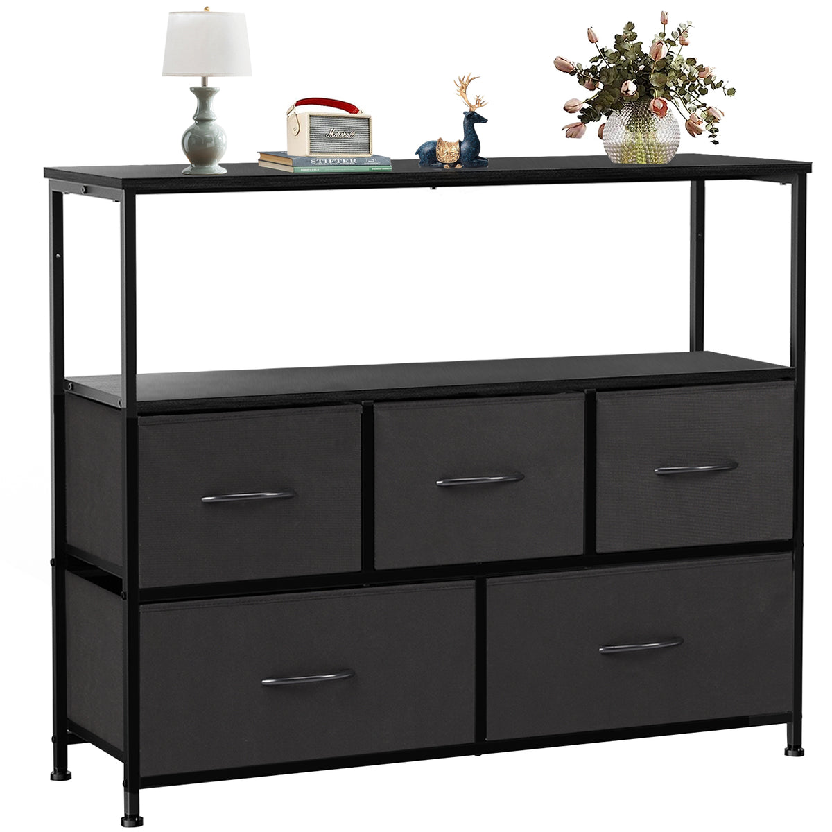 TV Stand Dresser for Bedroom Entertainment Center with 5 Fabric Drawers, Storage Organizers Units for Living Room, Media Console Table with Open Shelf up for 45' TV, Black, Wood top