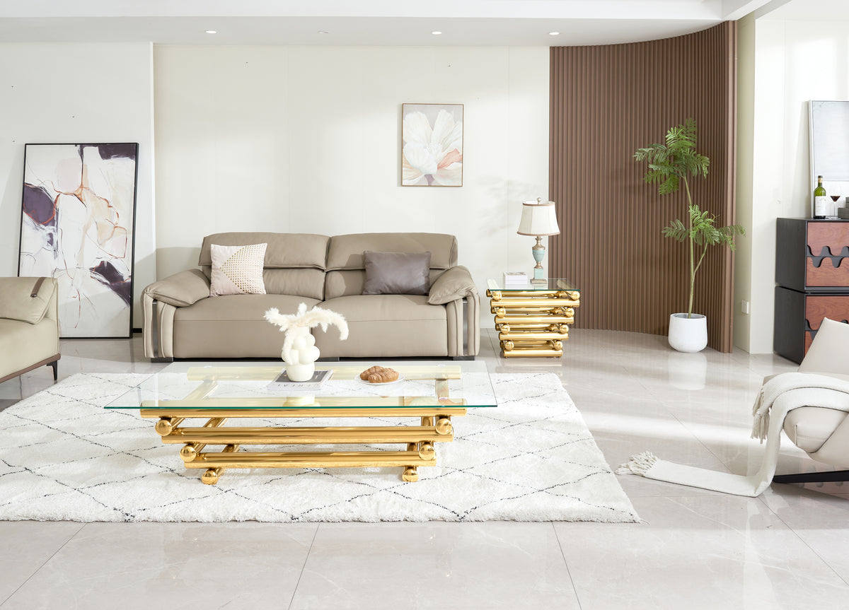 Modern Stainless Steel Coffee Table Set (Set of 2), Clear Tempered Glass Table Top, Coffee Table & End Side Table 2-Pieces Sets for Living Room, Gold