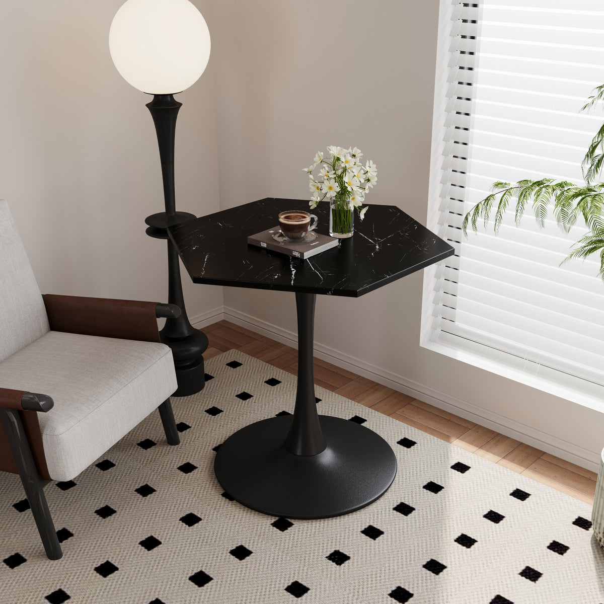 31.50'Modern Hexagonal Coffee Table with Printed Black Marble Table Top,Metal Base, for Dining Room, Kitchen, Living Room