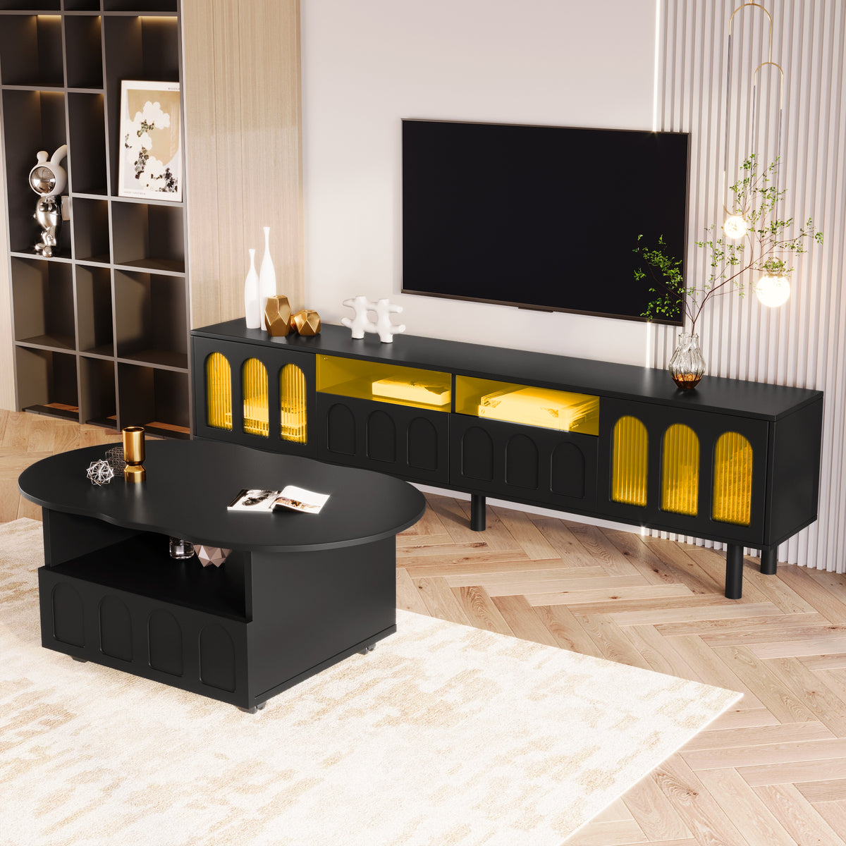 ON-TREND Cream Style TV Stand and Coffee Table Set of 2,  LED Light Strip TV Stand for TVs Up to 80'', Cloud Top Coffee Table with 2 Brake Wheels for Living Room, Black