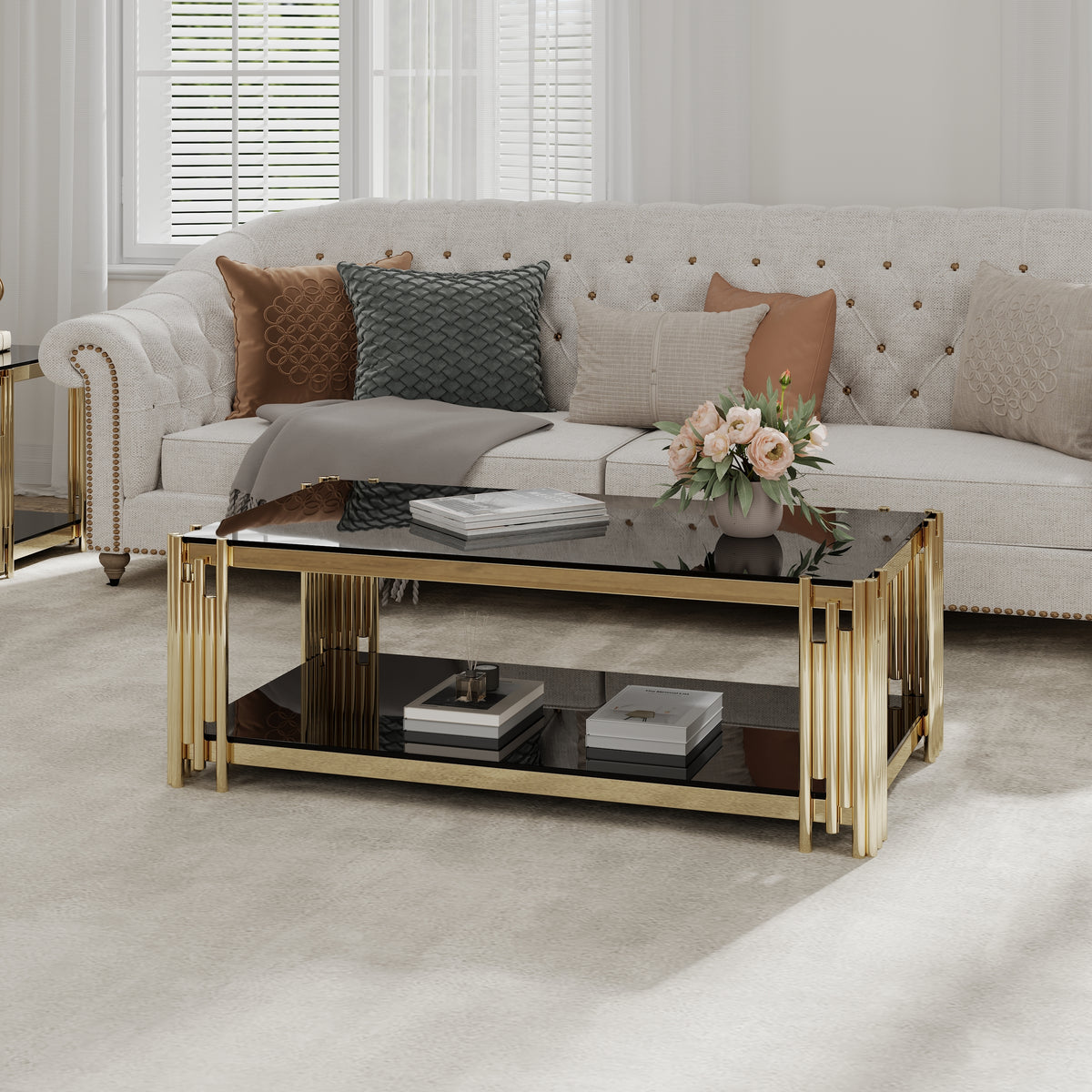 Woker Furniture  48' Wide Rectangular Coffee Table with Black Tempered Glass Top, Golden Stainless Steel Double-Layer Coffee Table for Living Room
