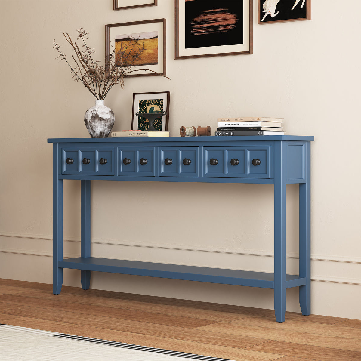 TREXM Rustic Entryway Console Table, 60' Long Sofa Table with Two Different Size Drawers and Bottom Shelf for Storage (Antique Navy)