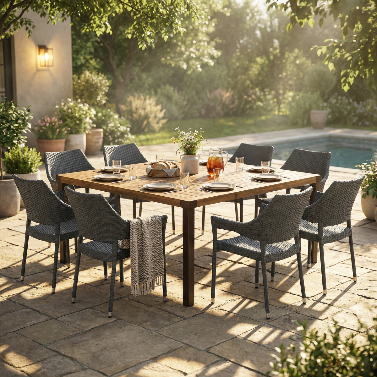 9 PCS Outdoor  Dining Set ,64' Large Solid Wood Table and Grey Wicker Chairs for 8 for Patio, Deck, Backyard, Teak Finish