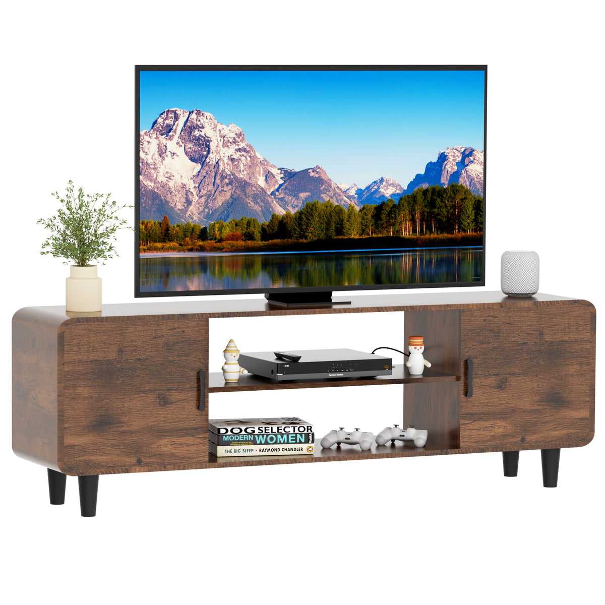 TV Stand for 55 Inch TV, Entertainment Center with Storage Cabinets, Soft Hinge Door with Handle, Media TV Console Table for Living Room Bedroom, Rustic Brown