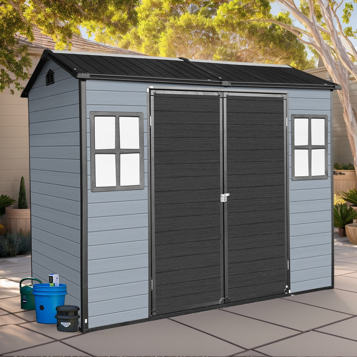 8x4ft Outdoor Resin Garden Shed with Floor and 2 Windows, Plastic Patio Outdoor Storage Shed with Lockable Door for Garden Tools, Bicycles, Trash Cans, Gray+Black