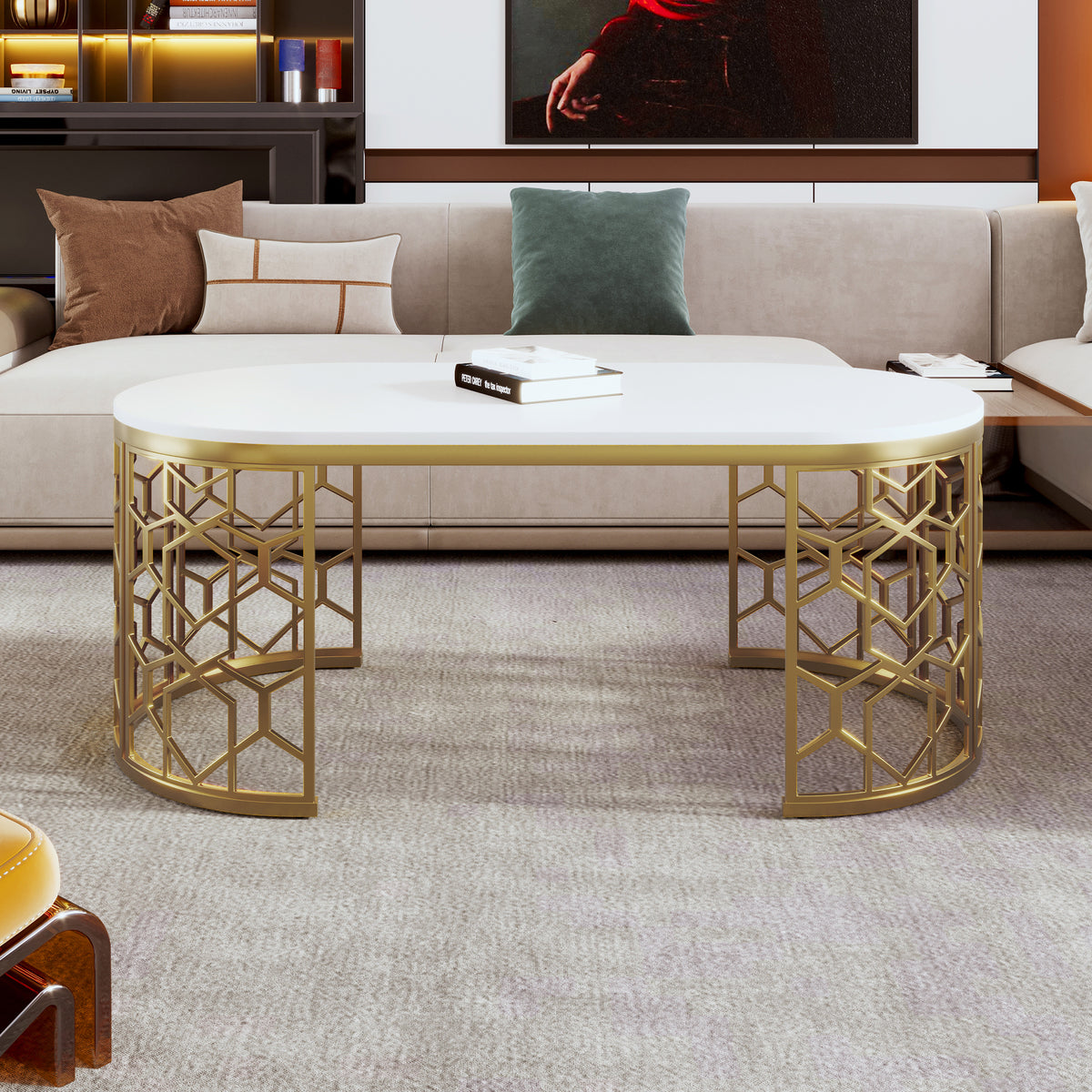 Modern Oval Coffee Table with Cut-Out Pattern Metal Stainless Steel Frame in 47.2'