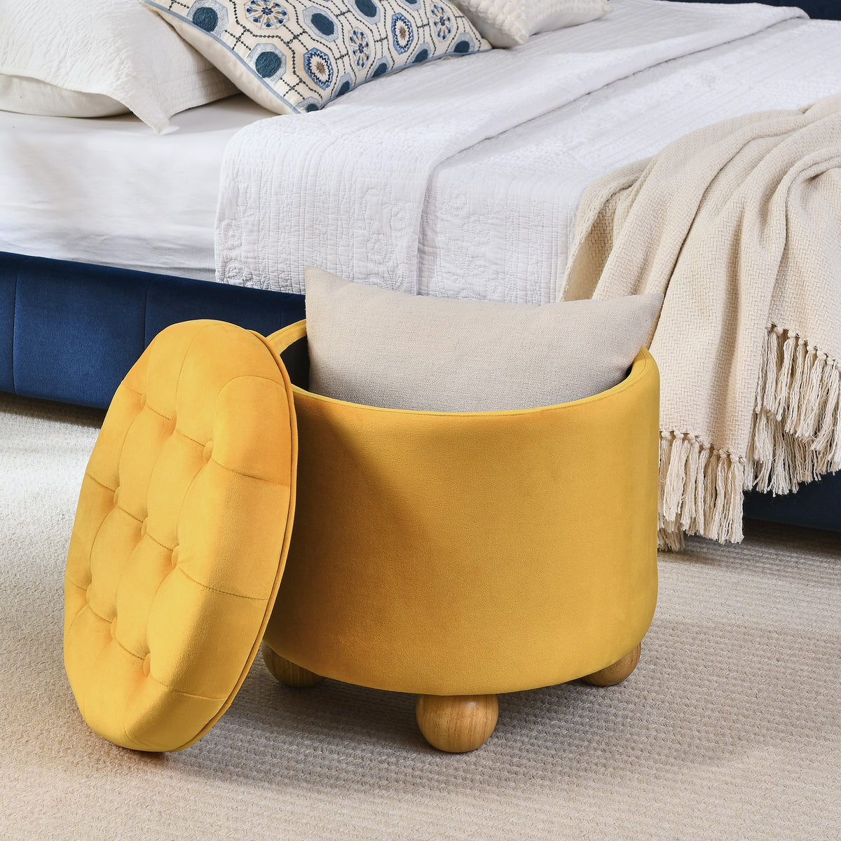 Round Storage Ottoman, multi-functional round flannel button Ottoman, lid can be turned over as a table top, with storage space-Dark yellow