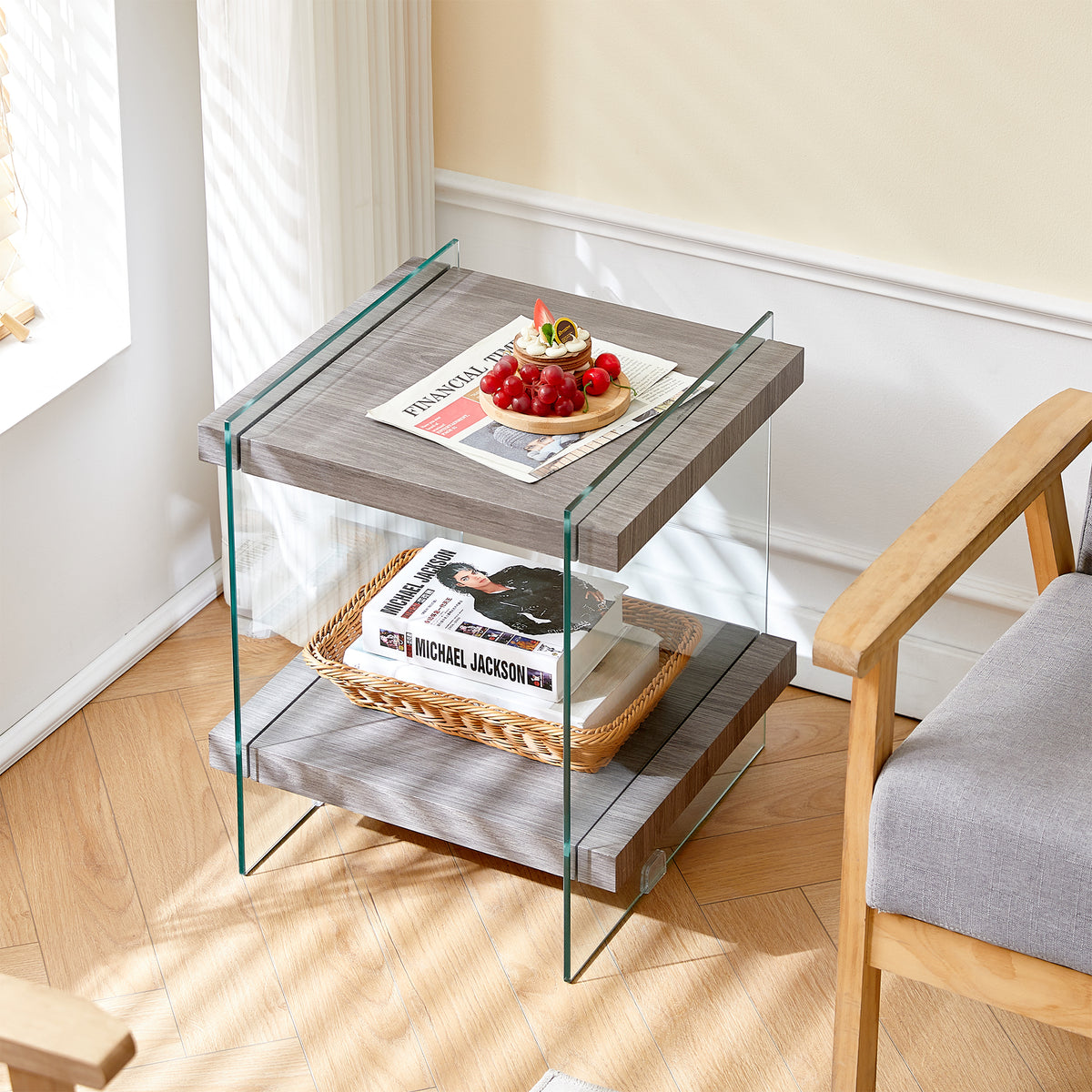 17.72' Sleek and Sturdy Tempered Glass Leg Side Table with Dual MDF Shelves, Modern nightstand  end table for living roon, bedroom, transparent/gray