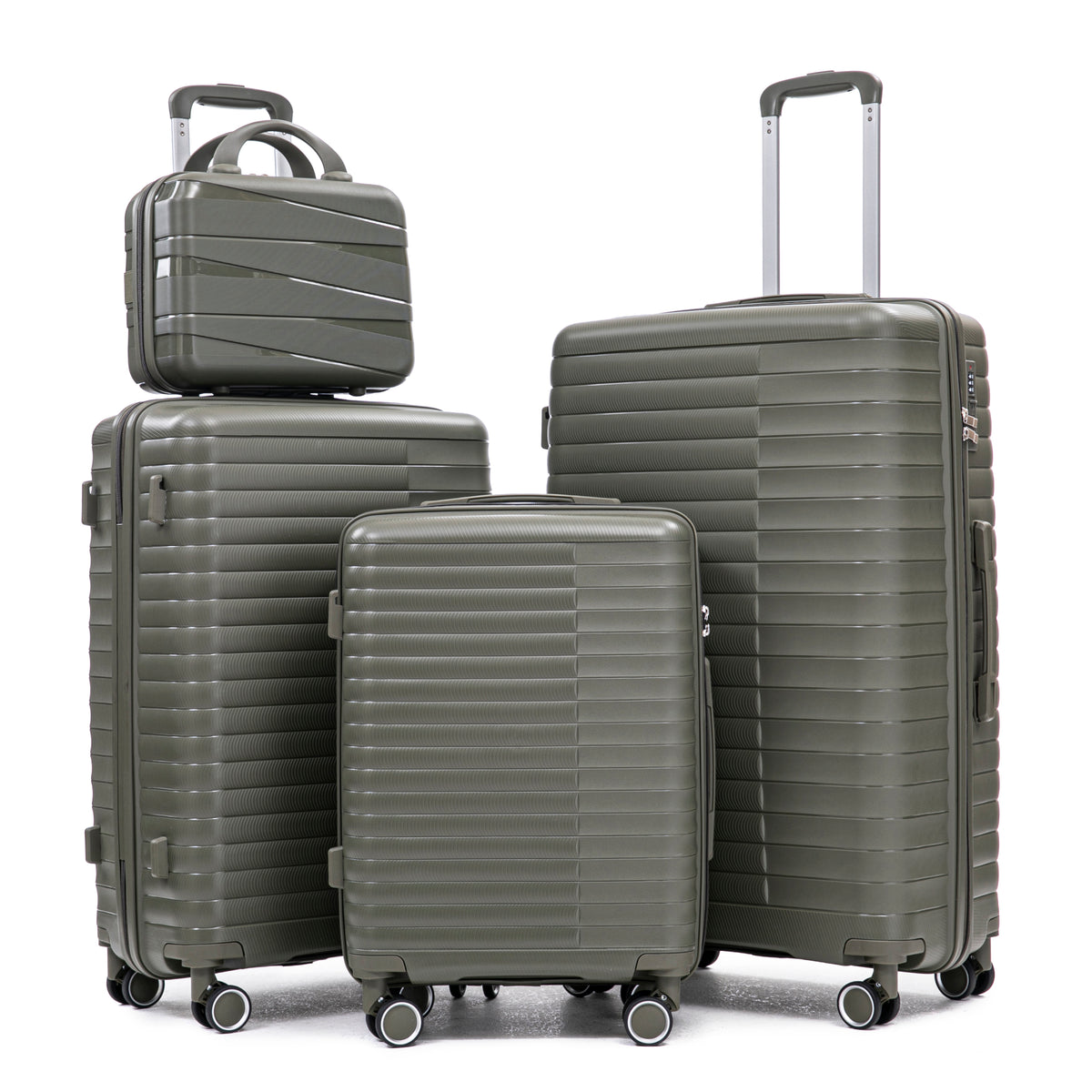 Green PP Spinner Luggage Set 14/20/24/28 Inch with Iron Pull Rod and Password Lock, 4-Piece Travel Case with Cosmetic Compartment