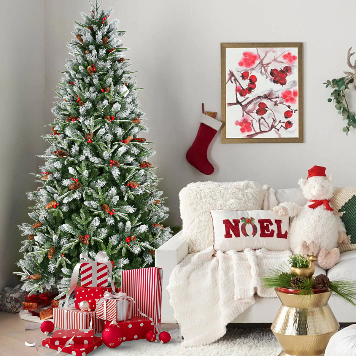 4FT Christmas Tree with 747 Tips, Red Berries & Pine Cones – Snow-Dusted PE+PVC Branches, Hinged Design for Easy Setup, Sturdy Metal Stand – Full, Natural Holiday Tree Decoration
