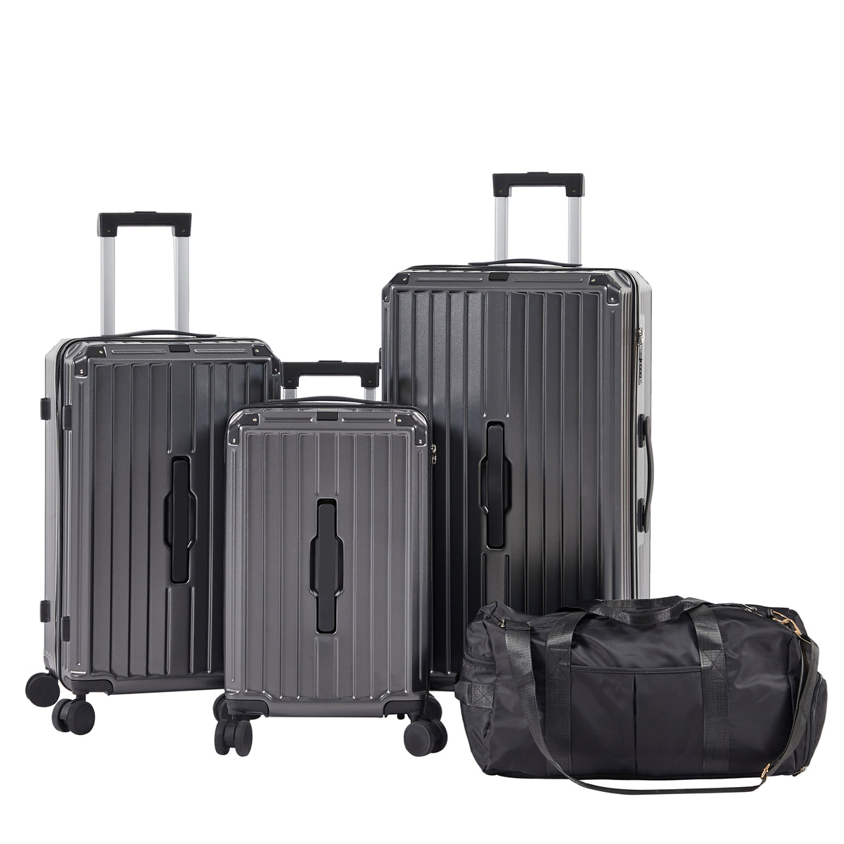 Luggage Set 4 pcs (20'/24'/29'/Travel Bag), PC+ABS Durable Lightweight Luggage with Collapsible Cup Holder, 360° Silent Spinner Wheels, TSA Lock, Gray