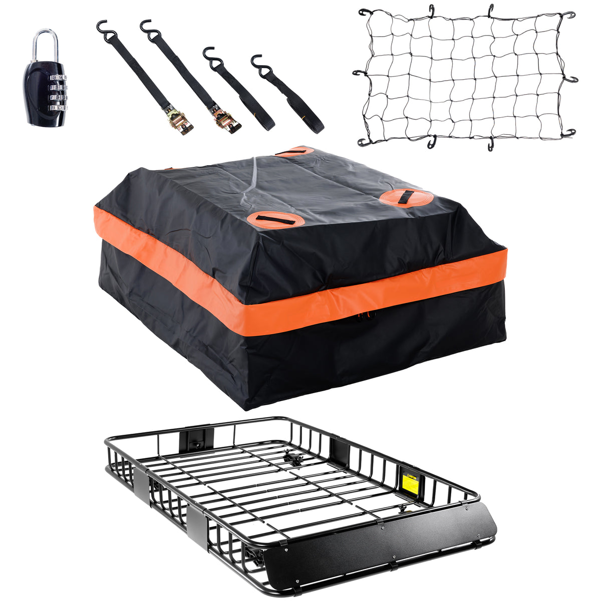 64 x 39 x 6 Inch Heavy Duty 250LB Roof Rack Cargo with 500D Waterproof Cargo Bag, Net & Ratchet Strap, Car Top Luggage Holder Basket for SUV, Truck or RV Camping Storage Steel Construction