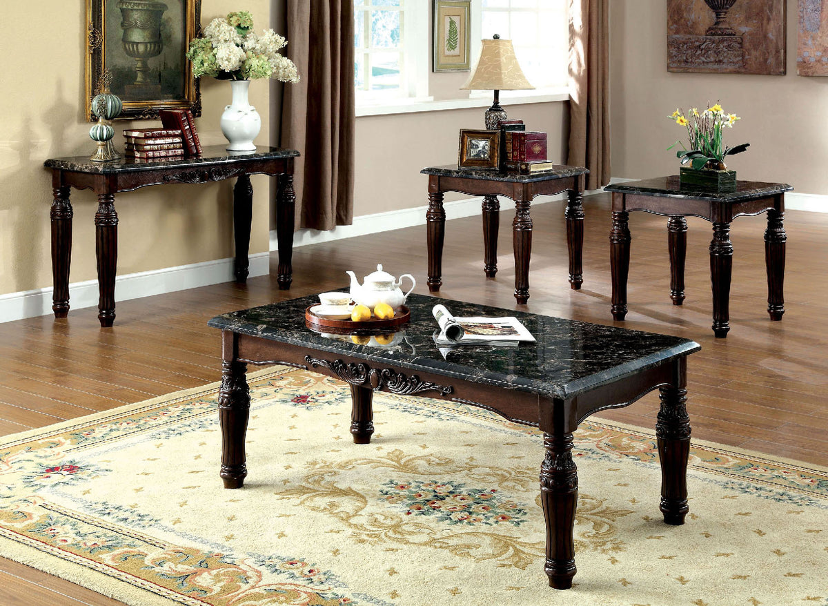 Traditional Espresso Solid wood 3pc Tables Set 1x Coffee Table and 2x End Tables Faux Marble Top Living Room Furniture