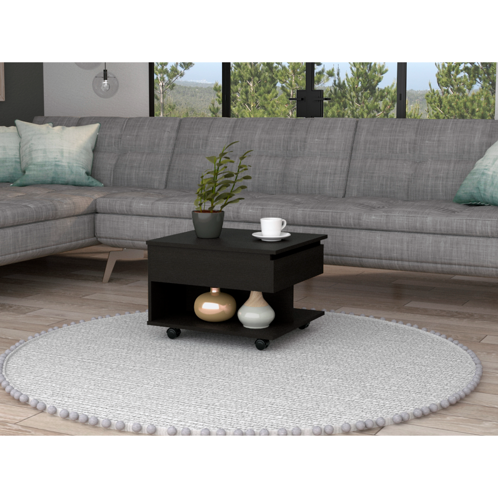 Lift Top Coffee Table, Casters, One Shelf, Black