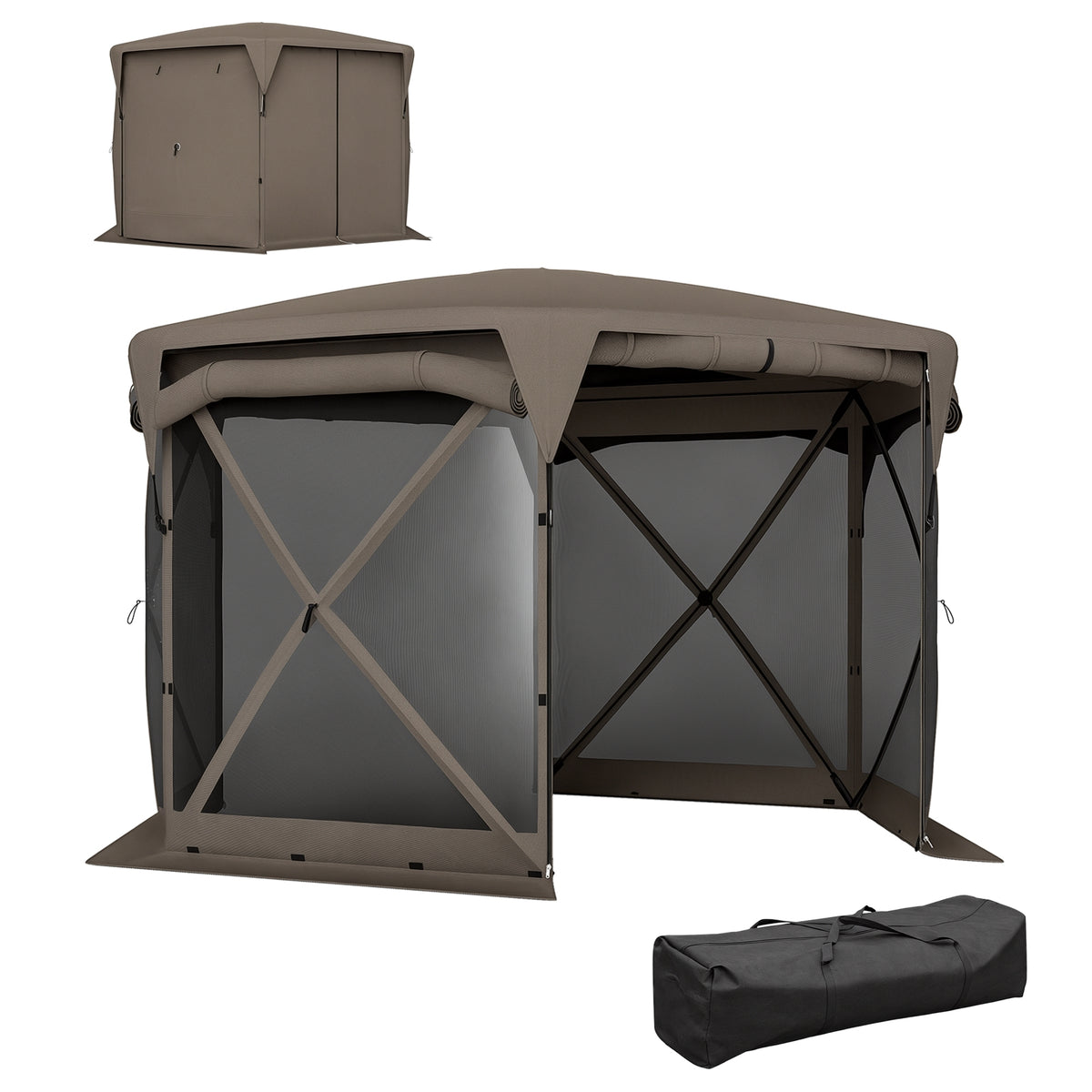 Outsunny Pop Up Gazebo Screen Tent House, 11 x 11ft with UPF30+ Removable Roof Cover, 4 Roll-up Wind Panels and Carry Bag for Camping, Patio, Backyard, Lawn, Brown