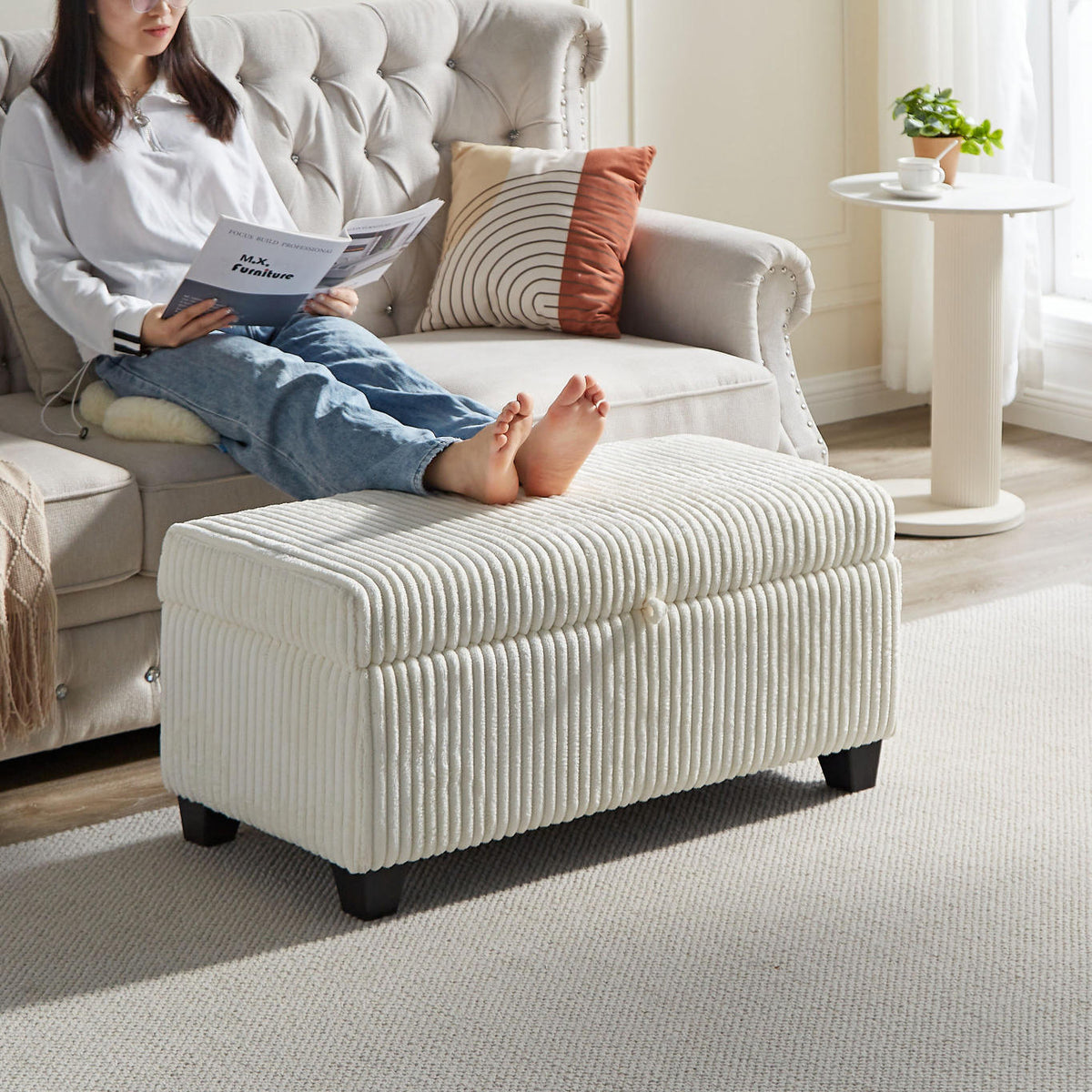 Fashion cordduroy Beige Upholstered large storage rectangular bench for Entryway Bench,Bedroom end of Bed bench foot of the Bed,Bench Entryway,Velvet Fabric
