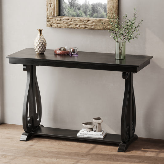 TREXM 48-Inch Rustic Vintage Console Table --- Farmhouse Style Entryway Table with Open Shelf and Sturdy Construction for Entryway and Living Room (Black)