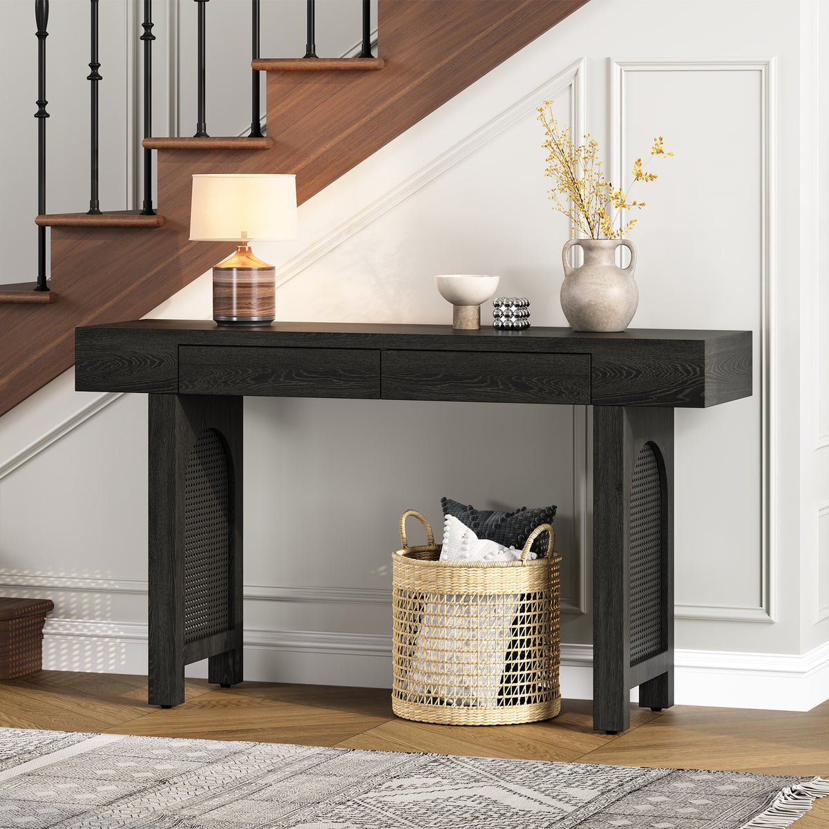 TREXM Narrow Console Table with Rattan Accent, Natural Wood Finish Entryway Table with Storage Drawers, Stylish Rustic Sofa Table for Living Room and Hallway (Antique Black)