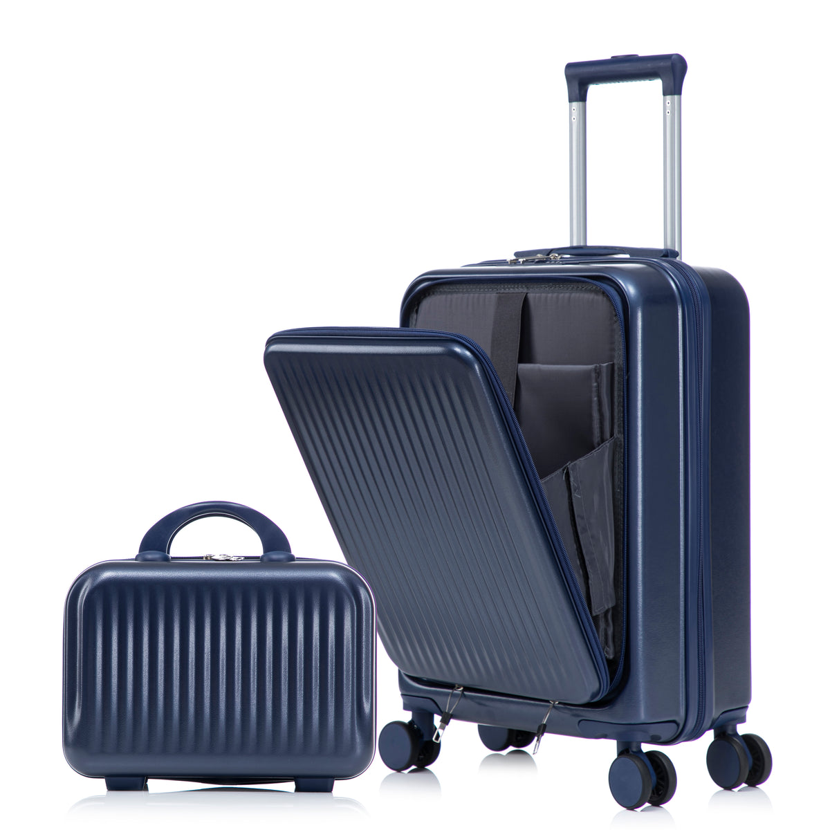 Navy ABS Spinner Luggage Set with 14' Cosmetic Case, 20' & 14' Dual-Size Travel Kit, 360° Silent Wheels, Combination Lock, Front Opening Design