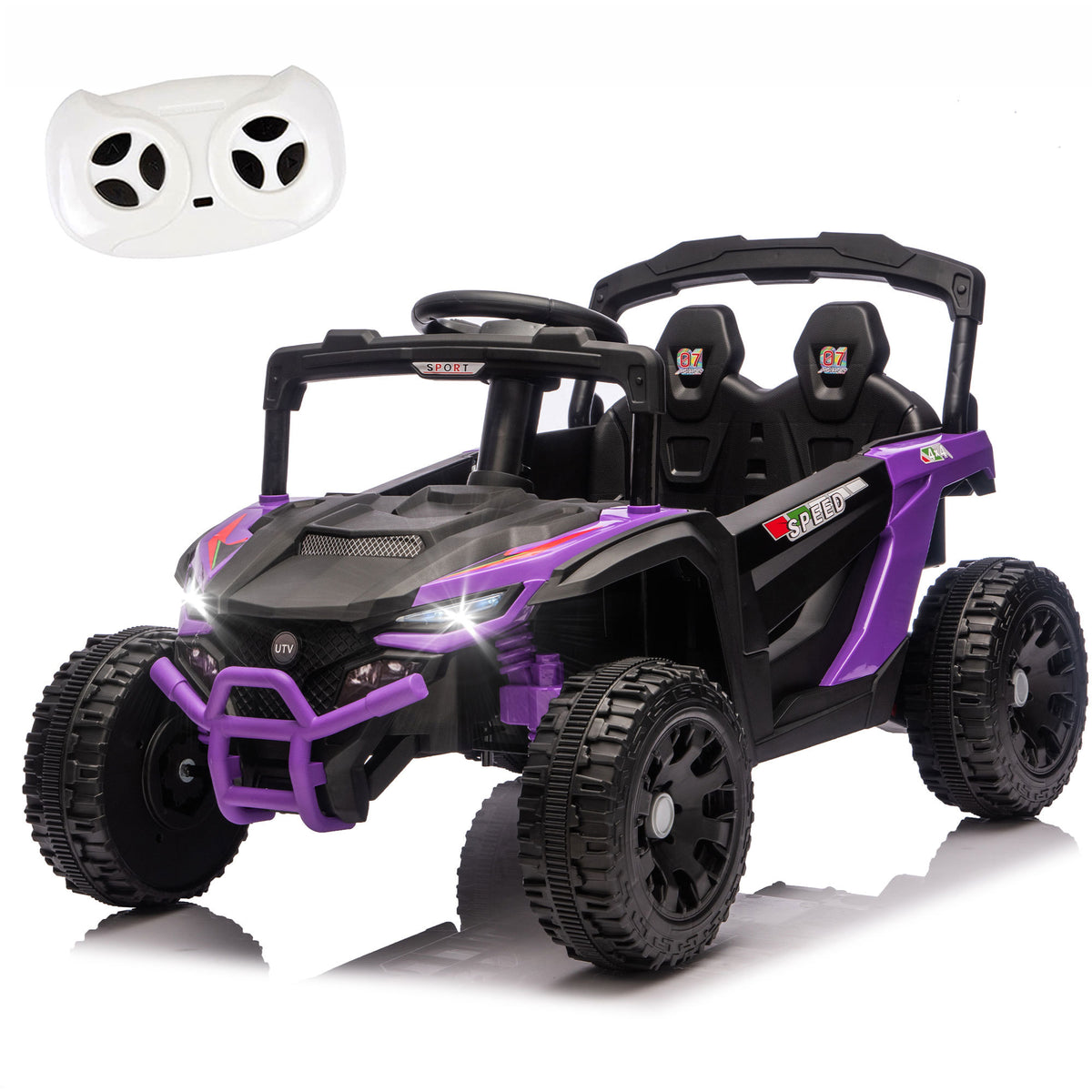 Purple and Black Kids Ride-On UTV with 2.4G Remote Control, 80W Motors, Four-Wheel Suspension, Anti-Collision Bar, High Chassis, Non-Slip Wheels, Bluetooth Music, 1.86-3.11mph Speed for Ages 3-5