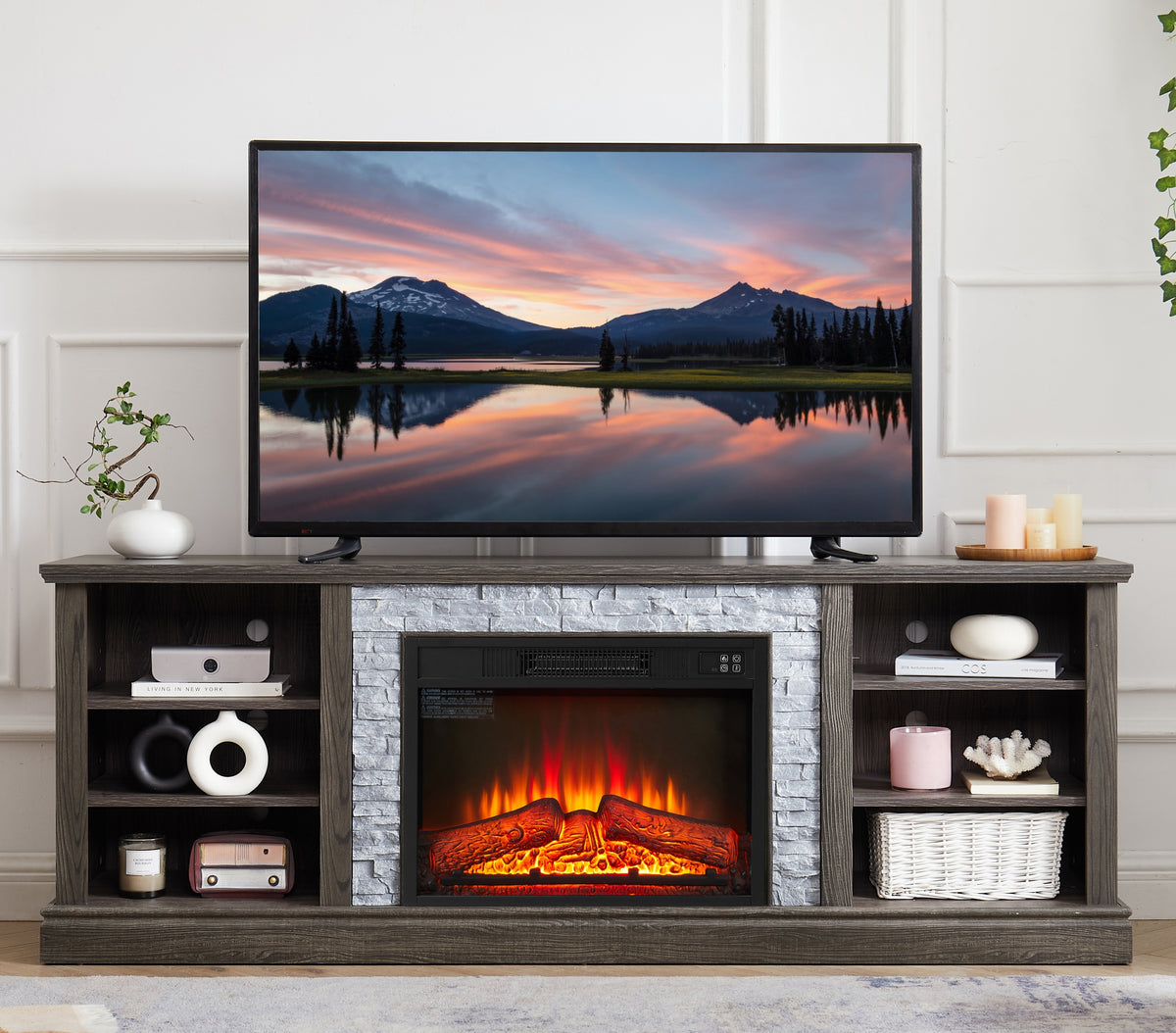 Large TV Desk Storage Rack with Faux Stacked Stone Surround,Media Console Table with Large Storage Cabinet,Modern  TV Stand with 23' Fireplace Insert,GREY, 70.12'W*15.35'D*25.83'H