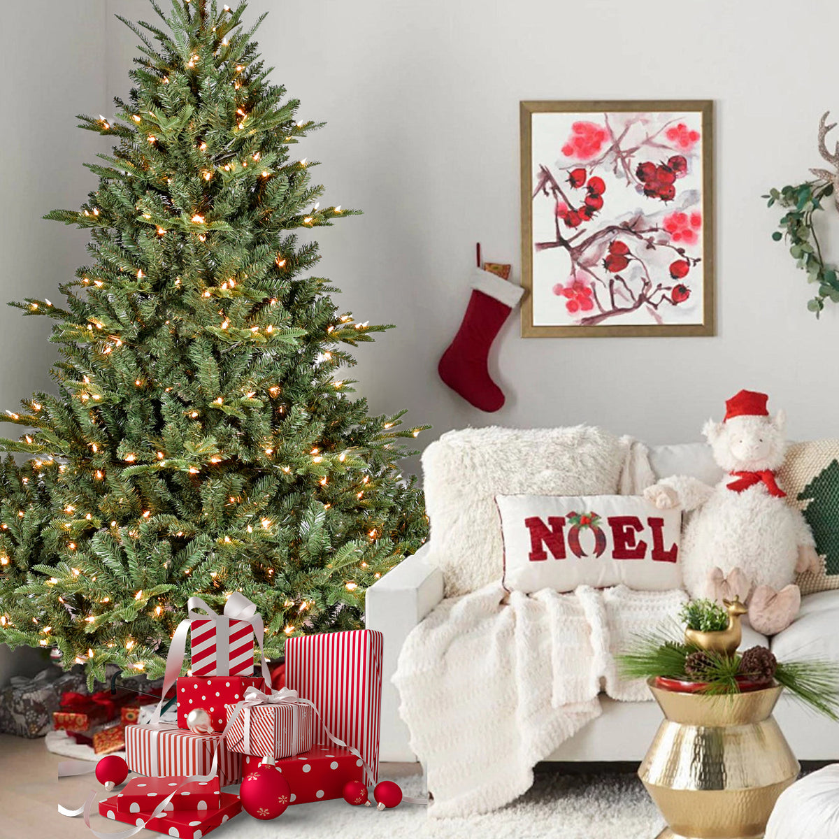 7FT Full-Shape Christmas Tree with 750 UL Lights – PE/PVC Mixed Branches, 2257 Tips, Wide Base for Spacious Areas, Hinged Structure, Stable Metal Stand