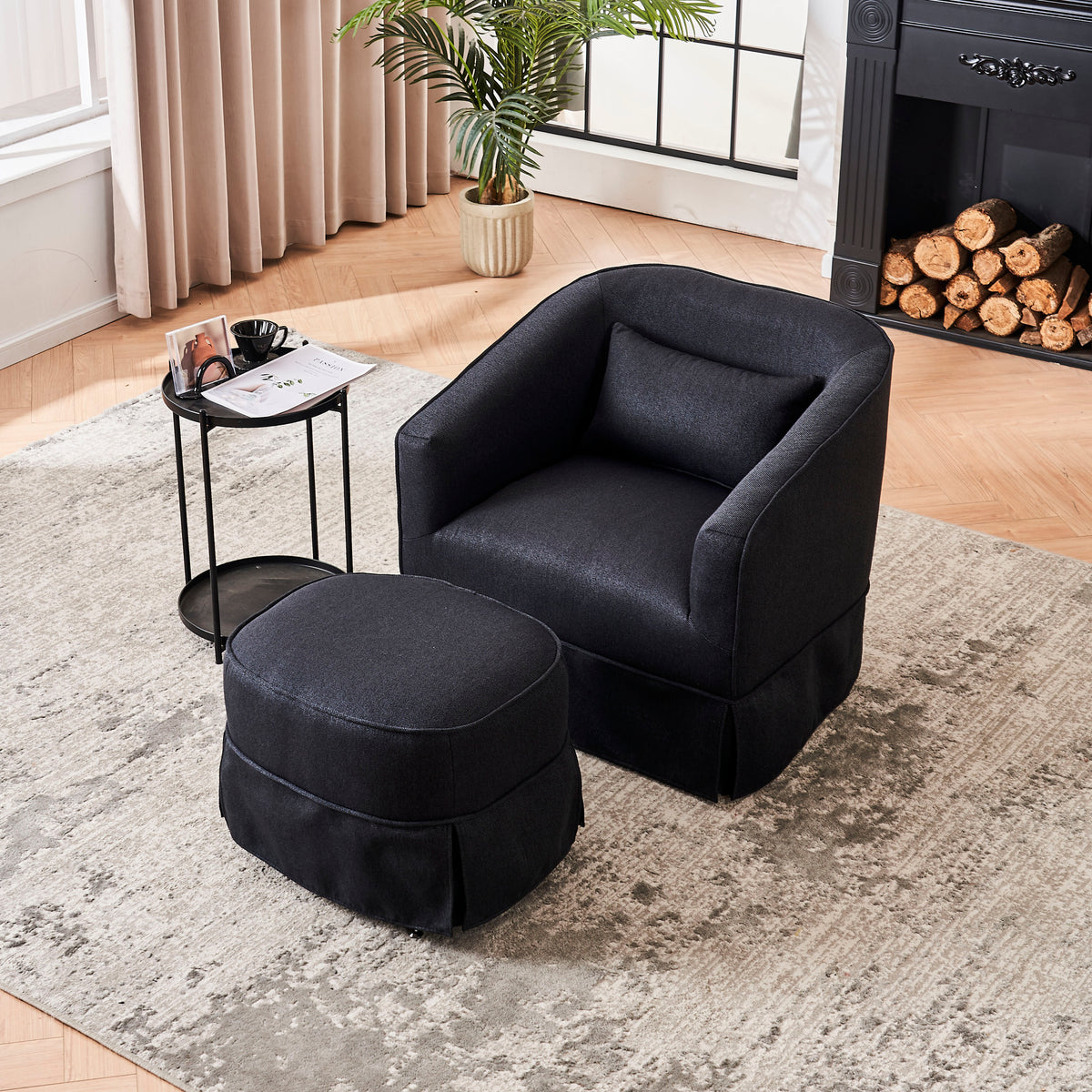 Swivel Barrel Chair With Ottoman, Swivel Accent Chairs Armchair for Living Room, Reading Chairs for Bedroom Comfy, Round Barrel Chairs with Black Metal Base (Black)