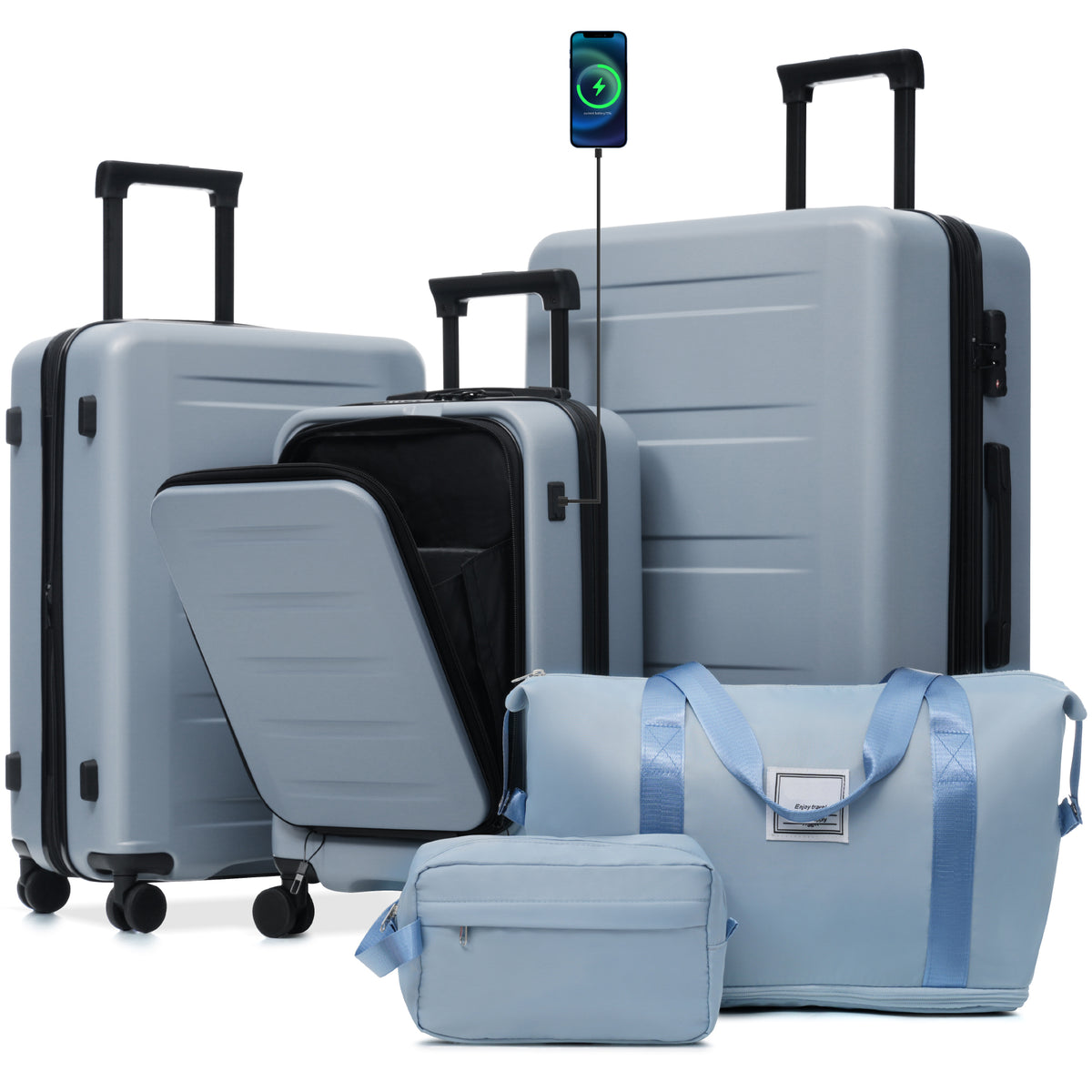 Blue Hardside Expandable Luggage Set 5 Piece with Front Opening, Double Spinner Wheels, USB Port & TSA Locks (20' 24' 28')