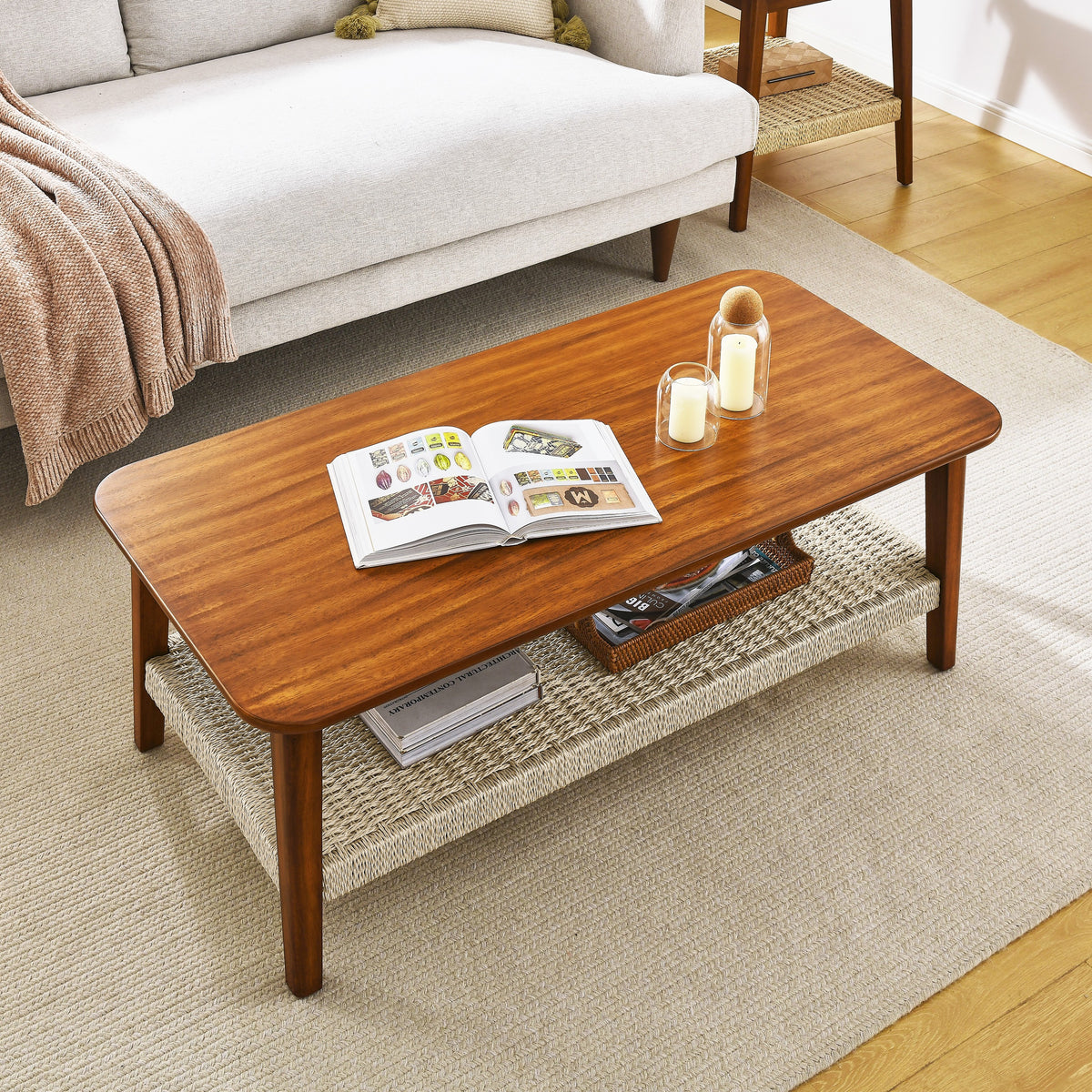 47.25' Mid-Century Coffee Table with Woven Shelf, Boho Rattan Coffee Table with Storage, Farmhouse Wood Low Rectangle Tea Table for Living Room Couch Bedroom Patio Home Office