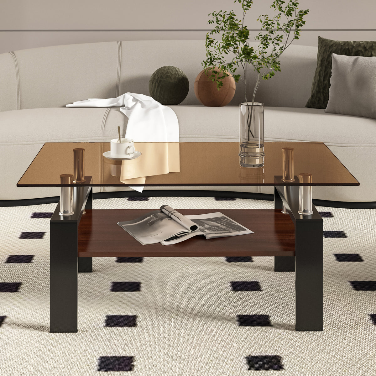 Rectangle Coffee Table, Tempered Glass Tabletop with MDF Layer, Modern Table for Living Room , Brown Glass