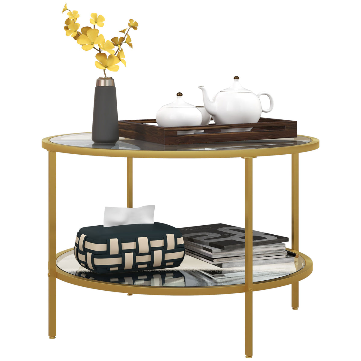 HOMCOM Side Table with Storage, 26' Round End Table, 2-Tier Tempered Glass Coffee Table with Steel Frame for Living Room, Gold