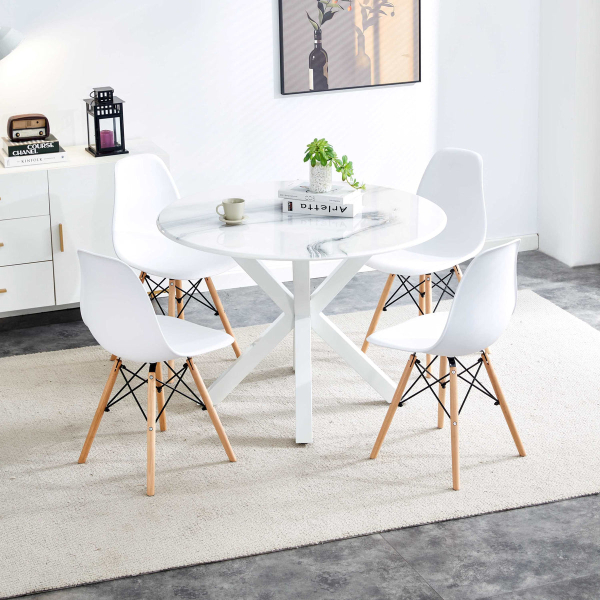 1+4,5pieces dining set,42.1'WHITE Table cross leg Mid-century Dining Table for 4-6 people With Round Mdf Table Top, Pedestal Dining Table, End Table Leisure Coffee Table