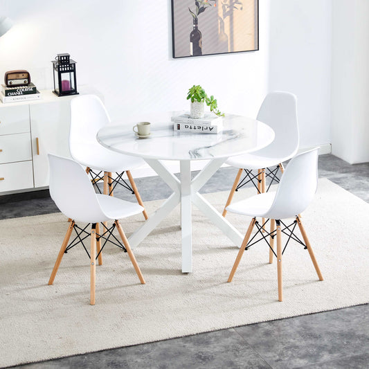 1+4,5pieces dining set,42.1'WHITE Table cross leg Mid-century Dining Table for 4-6 people With Round Mdf Table Top, Pedestal Dining Table, End Table Leisure Coffee Table