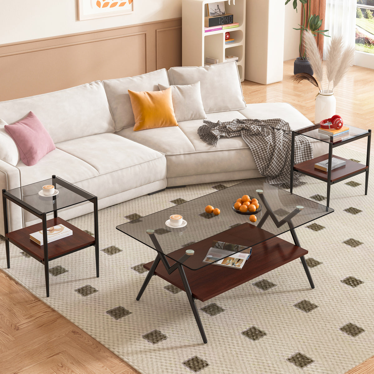 Coffee Table and End tables Set of 3, Tempered Glass Table with MDF layer, Modern Tables for Living Room , Gray Glass