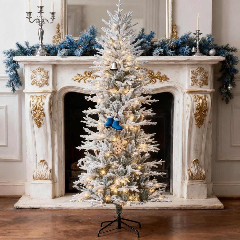 Christmas Trees with Snow Branches,Pre Lit Artificial Flocked Christmas Trees,Warm Yellow Clear Lights, Auto Open
