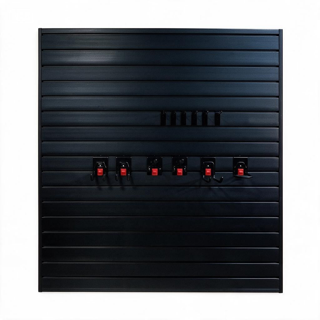 PVC Slatwall Panel Kit, 4x4ft Garage Wall Storage System with Safety-Lock Hooks, Lightweight Water-Resistant Panels, Hidden Screw Design, 12 Hooks Set, Black