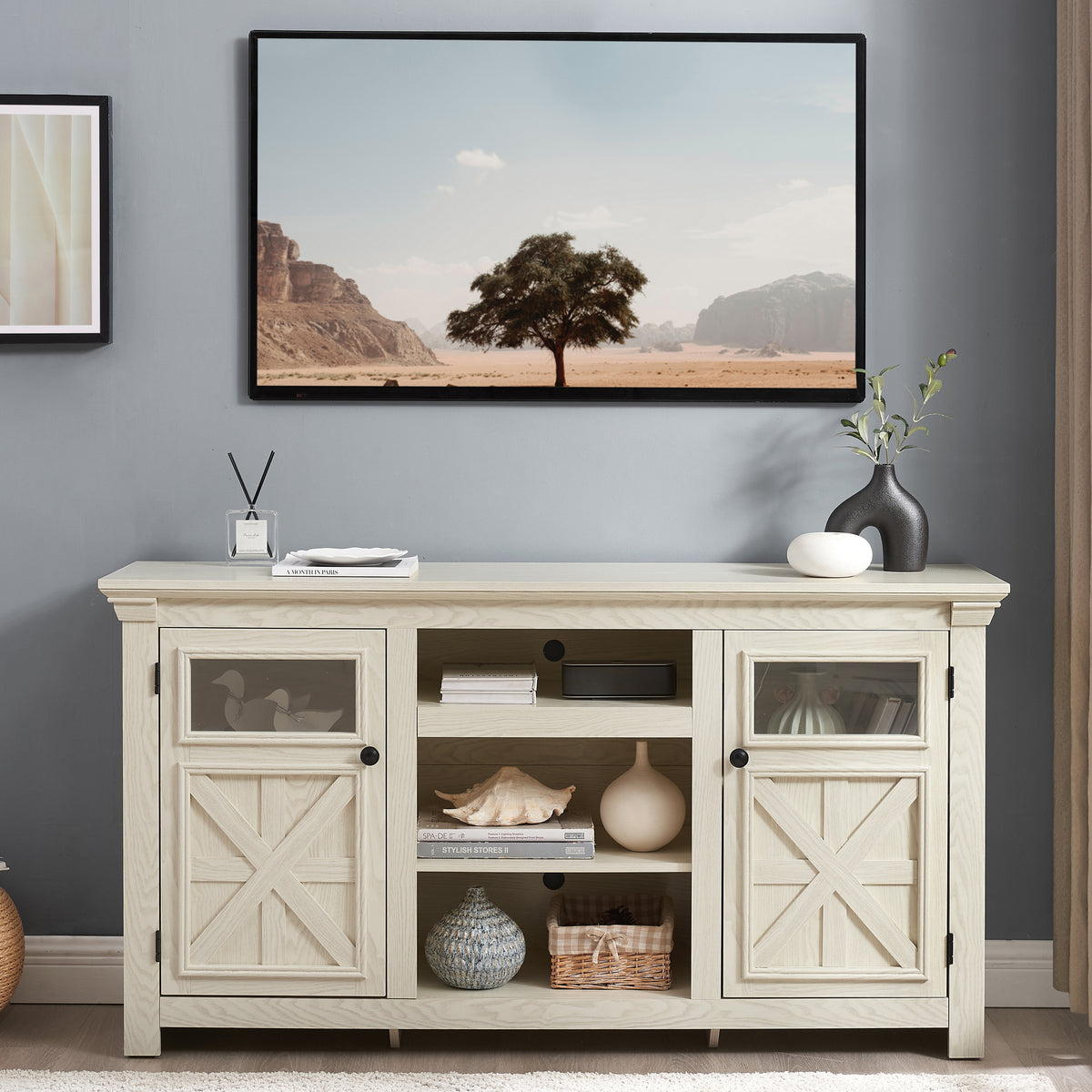 2 Doors Cabinet Farmhouse  Cabinet, Farmhouse TV Stand Barn Design,Modern Farmhouse TV Media Stand, Large Barn Inspired Home Entertainment Console,WHITE, 60.23'W*15.35'D*31.7'H