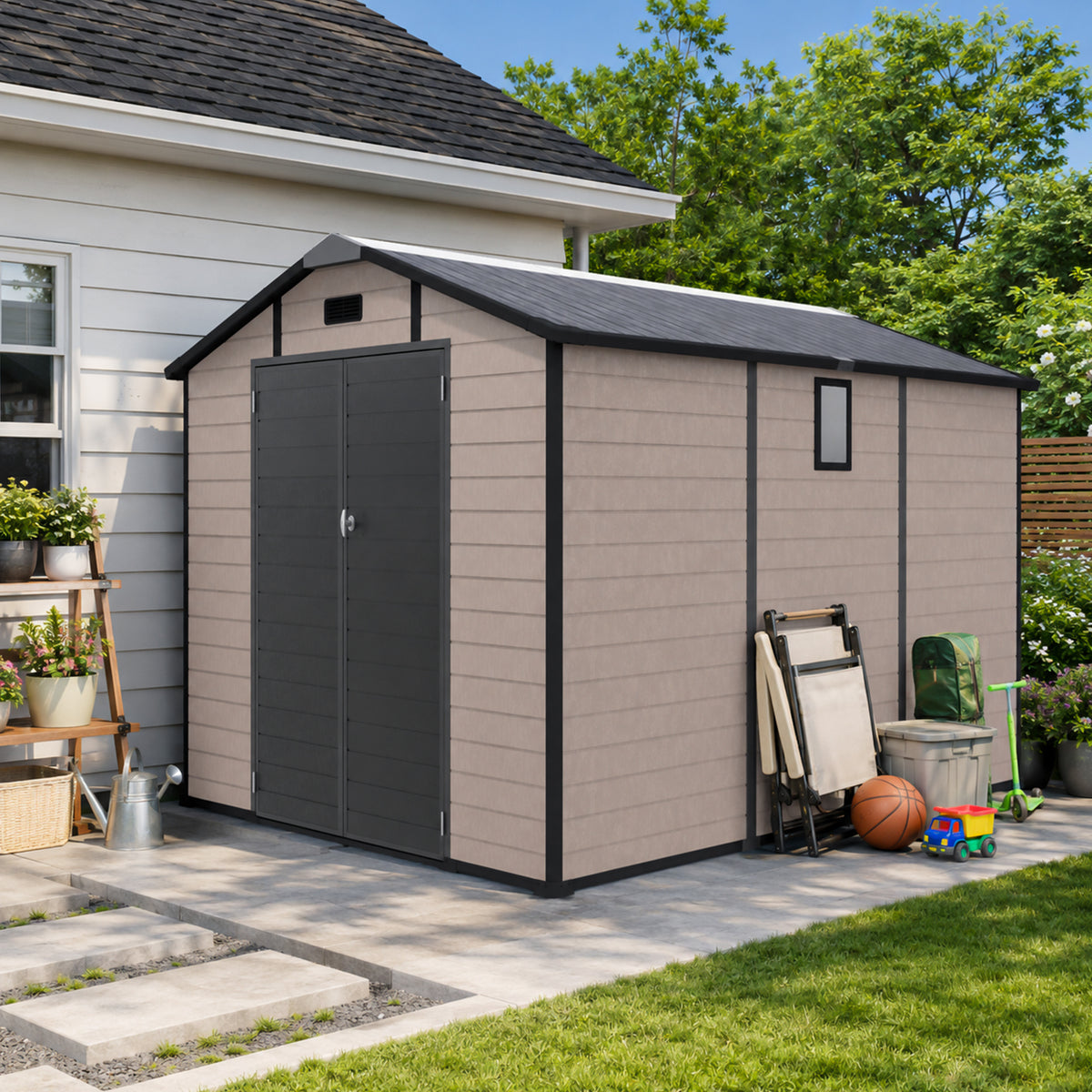 8x10 FT Plastic Outdoor Storage Shed - Lockable Resin Tool Shed with Window & Floor, Champagne